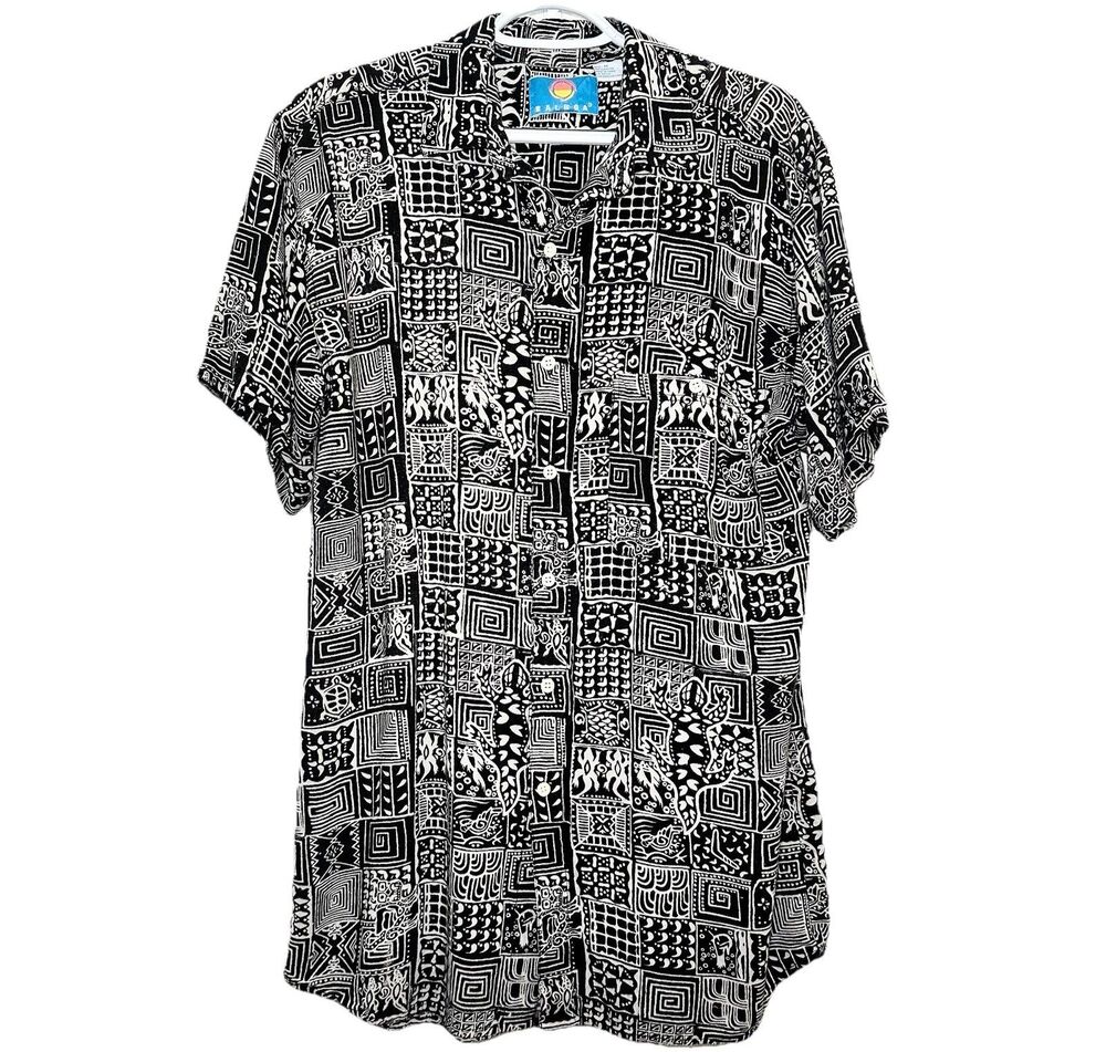 Vintage 90s Rayon Lizard Tribal Print Button Up Shirt Black White M